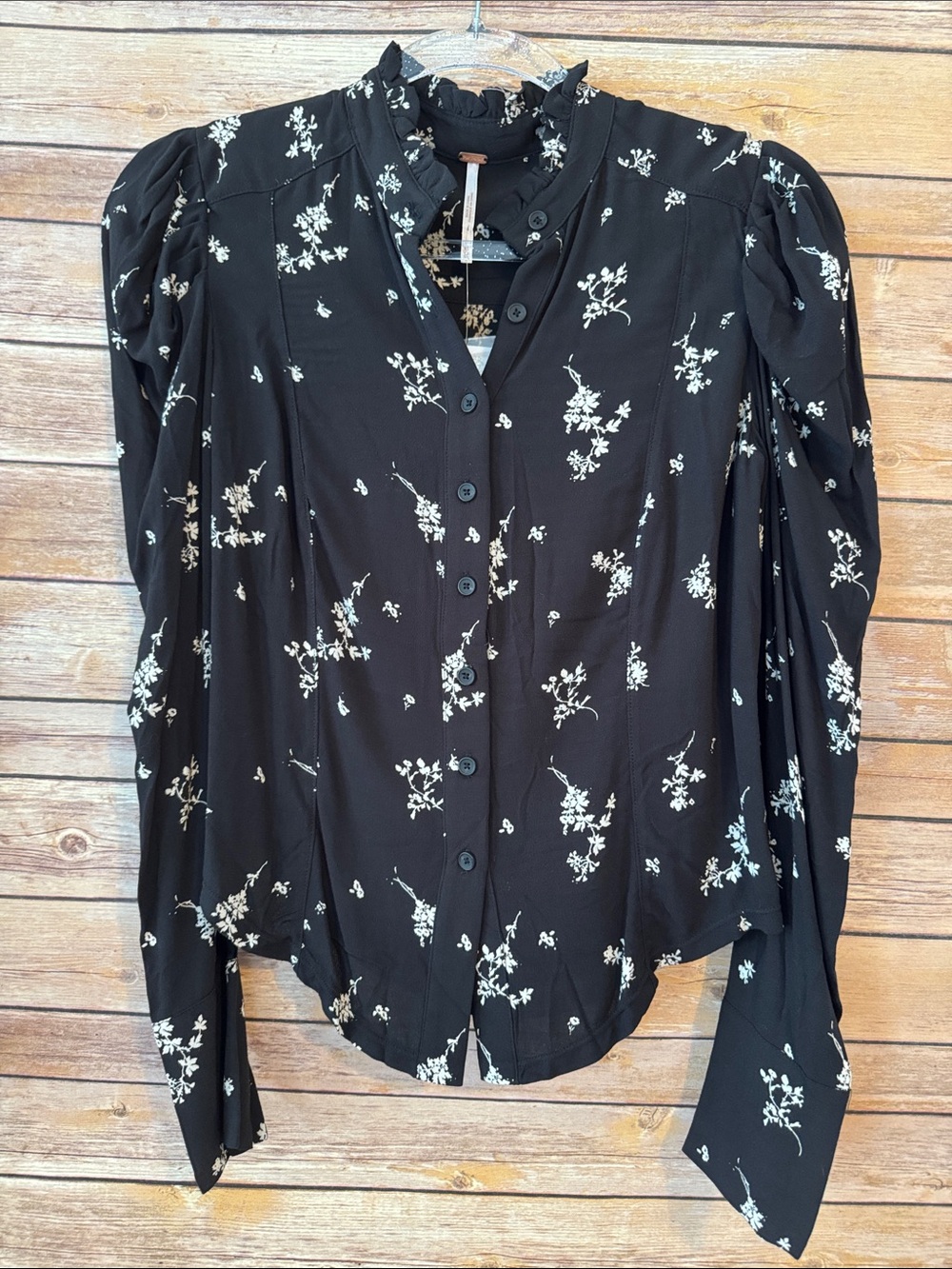 Free People Women's Black Floral Button-Front Blouse